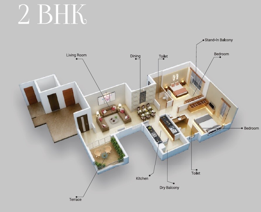 Floor plan of 2 BHK 831 Sq. Ft. Apartment in Avnee Silver Crest, Pune