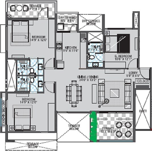 Floor plan of 3 BHK 1305 Sq. Ft. Apartment in Avnee Silver Crest, Pune