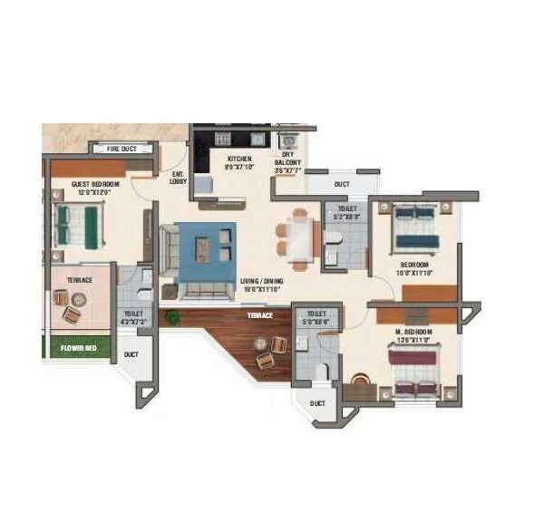 Floor plan of 3 BHK 1198 Sq. Ft. Apartment in Avon Vista, Pune