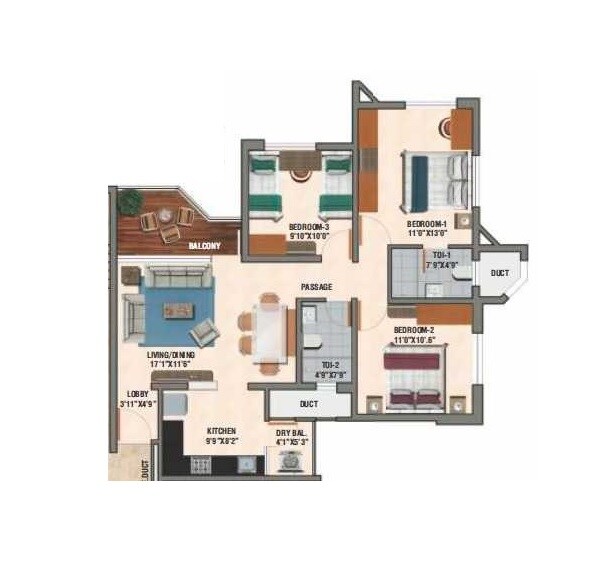 Floor plan of 3 BHK 1030 Sq. Ft. Apartment in Avon Vista, Pune