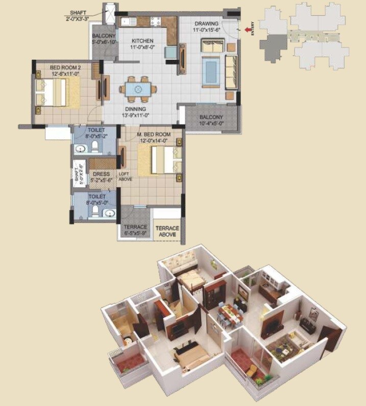 Floor plan of 2 BHK 732 Sq. Ft. Apartment in AWHO Vijay Vihar, Pune