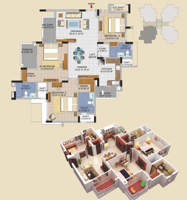 Floor plan of 3 BHK 1076 Sq. Ft. Apartment in AWHO Vijay Vihar, Pune