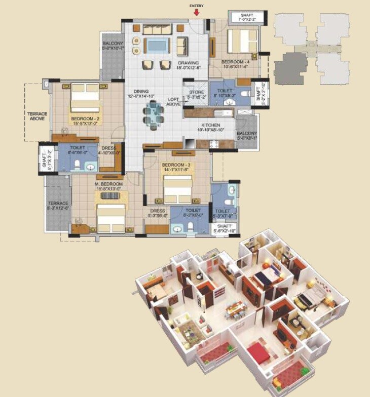 Floor plan of 4 BHK 1561 Sq. Ft. Apartment in AWHO Vijay Vihar, Pune