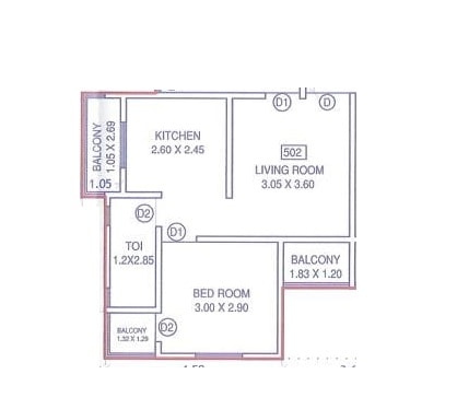 Floor plan of 1 BHK 381 Sq. Ft. Apartment in Ayodhya Icon Tower, Pune