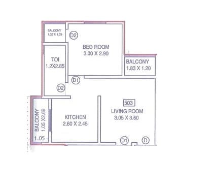 Floor plan of 1 BHK 426 Sq. Ft. Apartment in Ayodhya Icon Tower, Pune