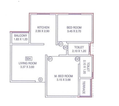 Floor plan of 2 BHK 597 Sq. Ft. Apartment in Ayodhya Icon Tower, Pune