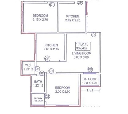 Floor plan of 2 BHK 626 Sq. Ft. Apartment in Ayodhya Icon Tower, Pune