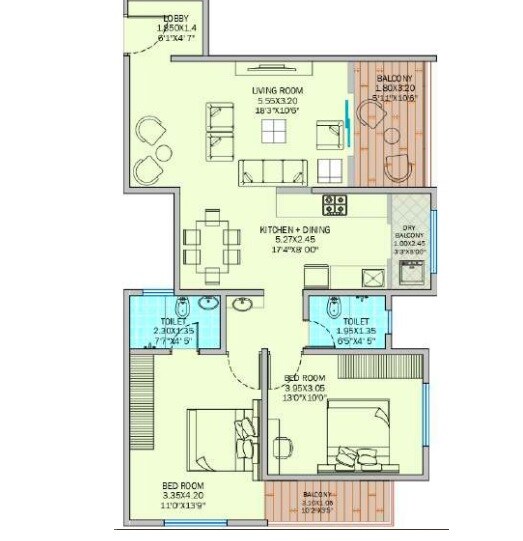 Floor plan of 2 BHK 909 Sq. Ft. Apartment in B Capitall Homes, Pune