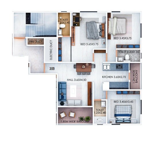 Floor plan of 3 BHK 1101 Sq. Ft. Apartment in B Chavan Sada Sundaram Heights, Pune