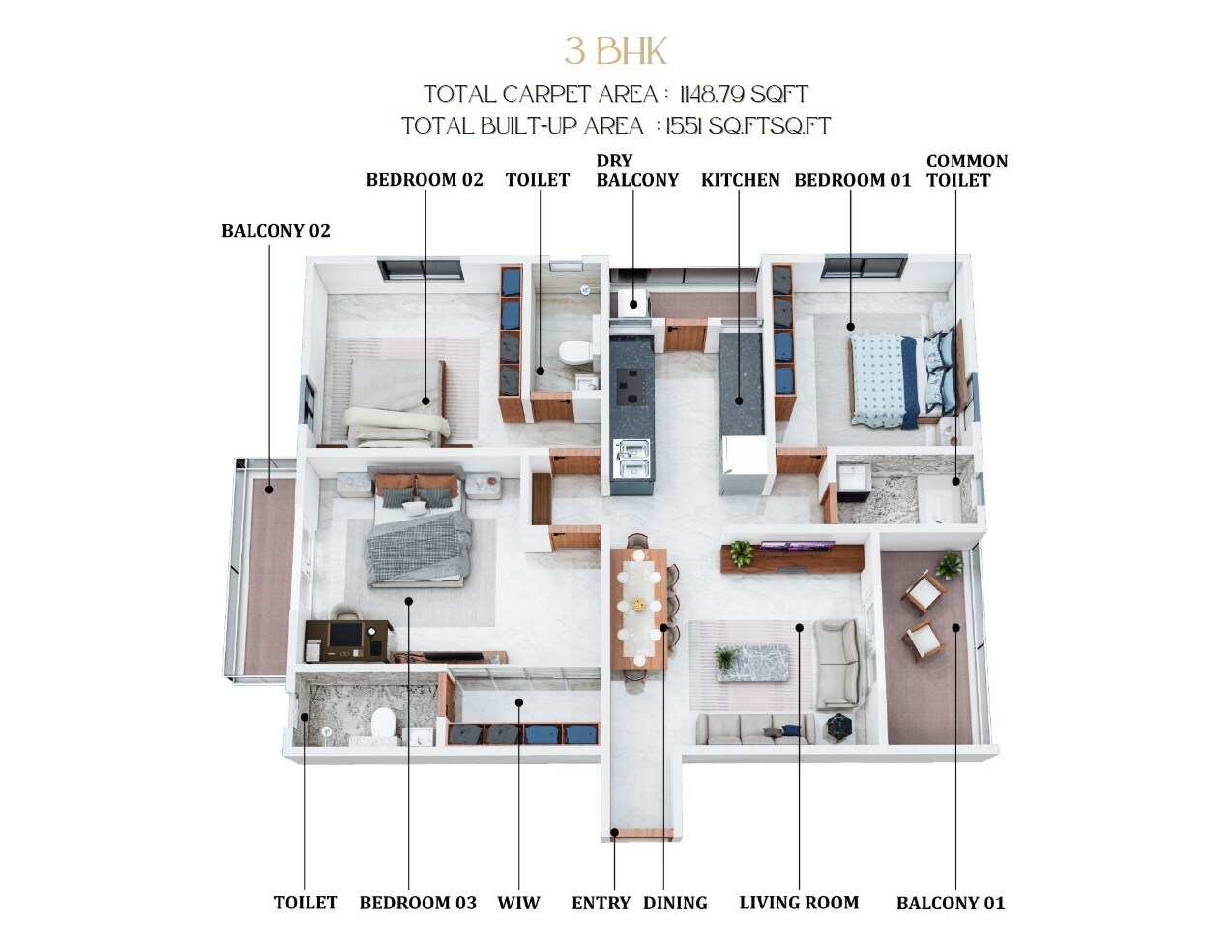 Floor plan of 3 BHK 1148 Sq. Ft. Apartment in B Chavan Sada Sundaram Heights, Pune