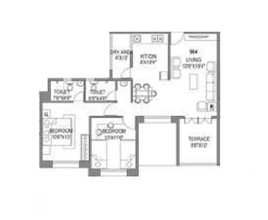 Floor plan of 2 BHK 1000 Sq. Ft. Apartment in B K Jhala Manjri Greens V, Pune
