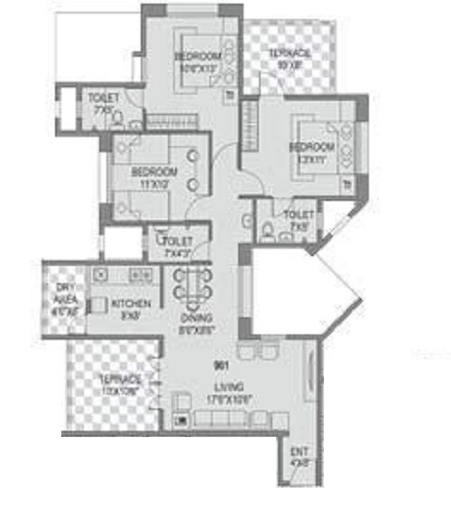 Floor plan of 3 BHK 1450 Sq. Ft. Apartment in B K Jhala Manjri Greens V, Pune