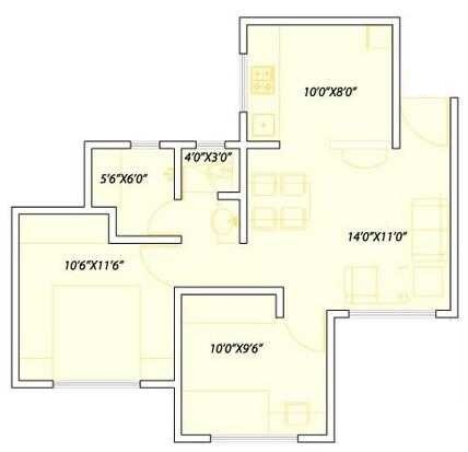 Floor plan of 2 BHK 658 Sq. Ft. Apartment in B K Pate Golden Petals, Pune