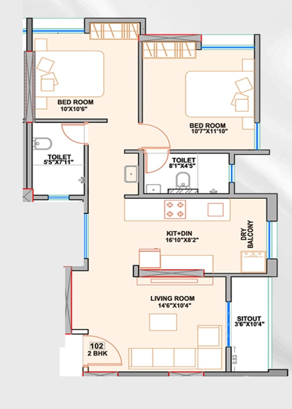 2 BHK 695 Sq. Ft. Apartment