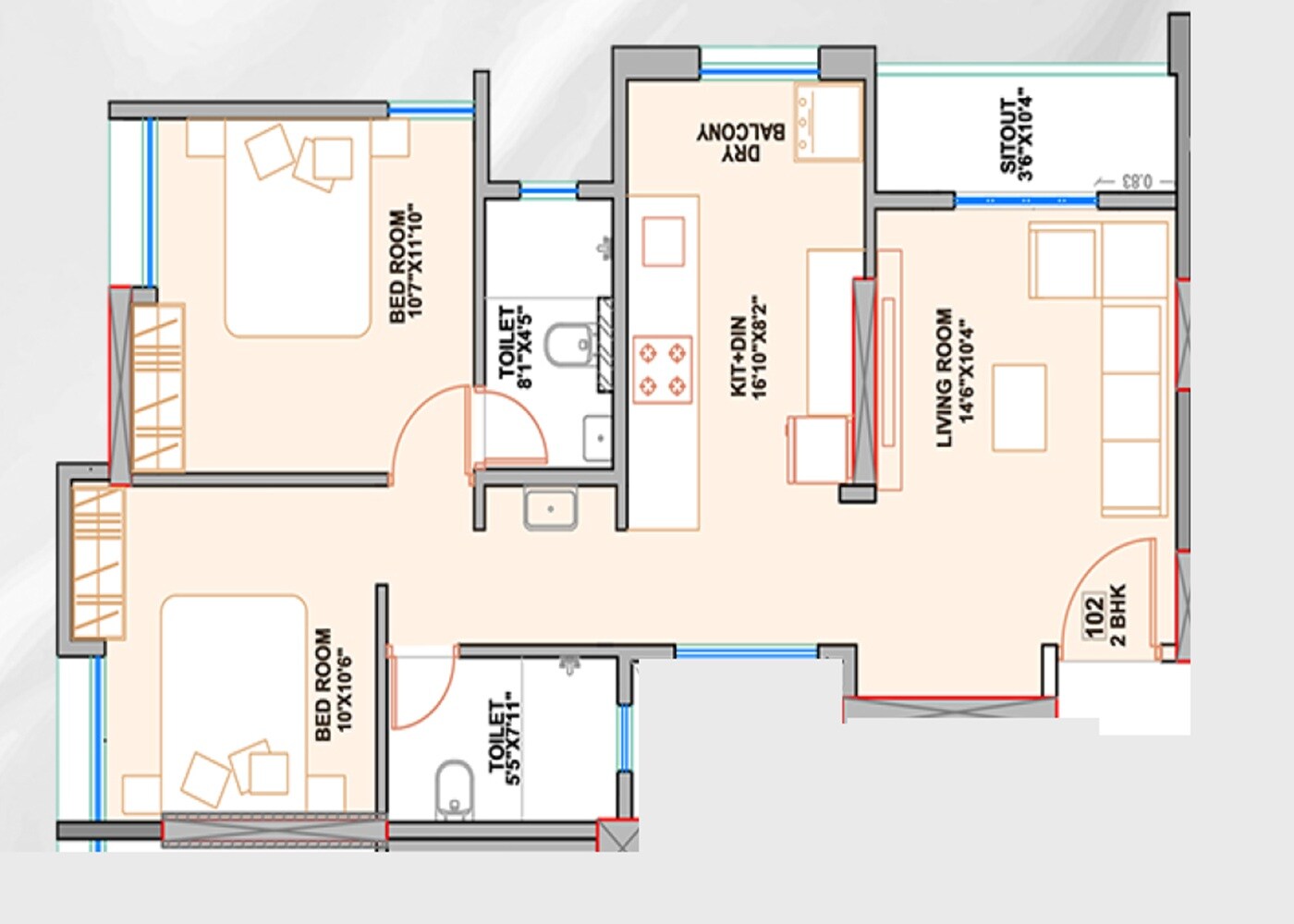 2 BHK 695 Sq. Ft. Apartment
