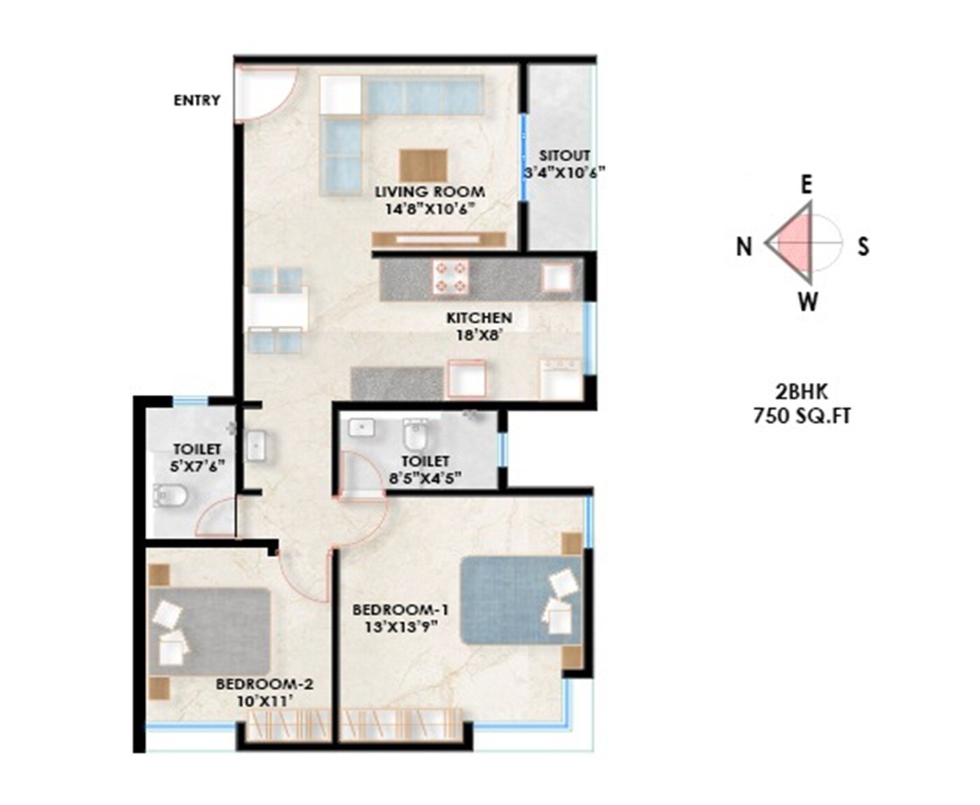 Floor plan of 2 BHK 750 Sq. Ft. Apartment in B U Bhandari Indrashri, Pune