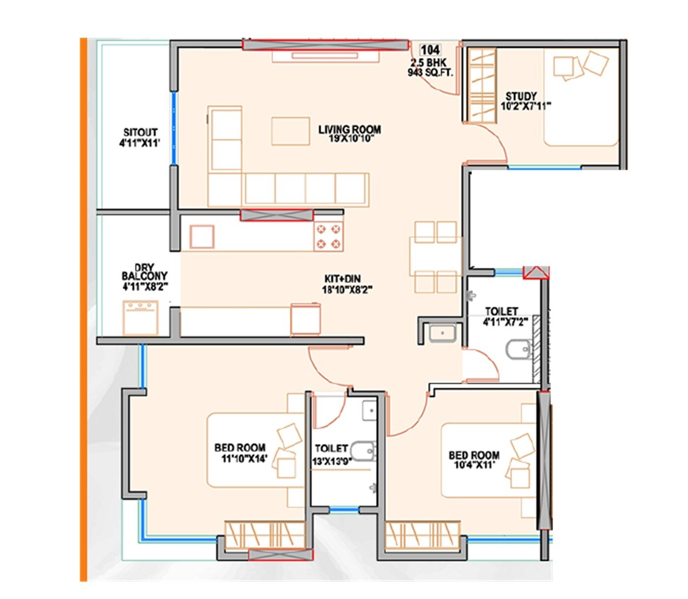 3 BHK 943 Sq. Ft. Apartment