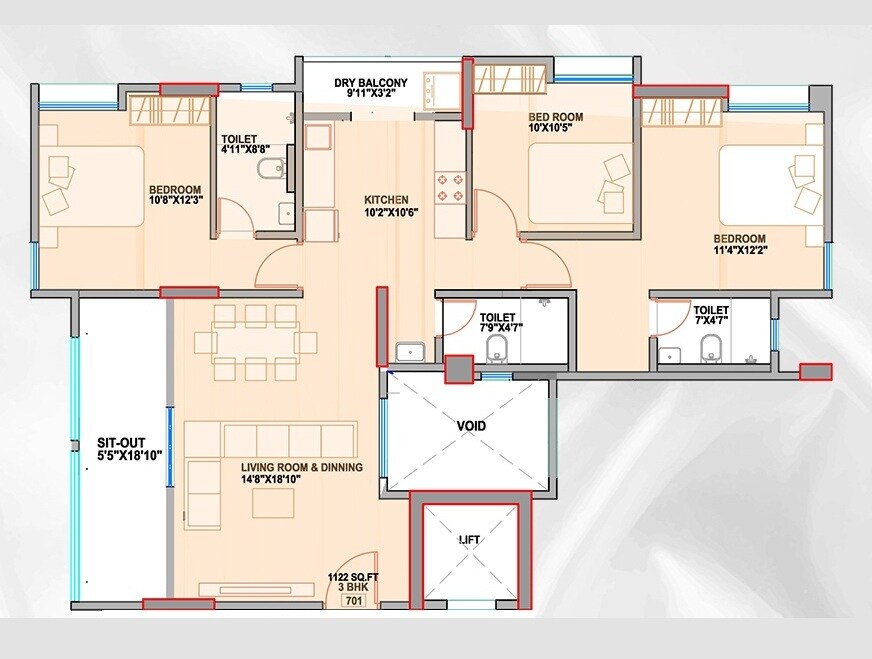 3 BHK 1122 Sq. Ft. Apartment