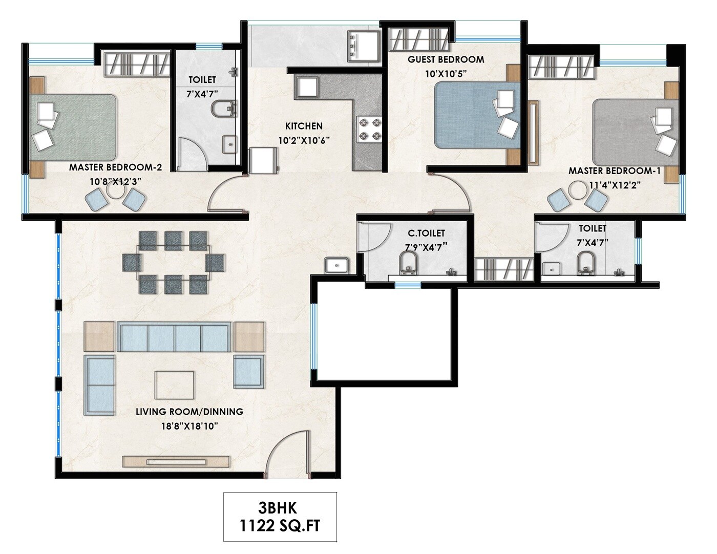 Floor plan of 3 BHK 1122 Sq. Ft. Apartment in B U Bhandari Indrashri, Pune
