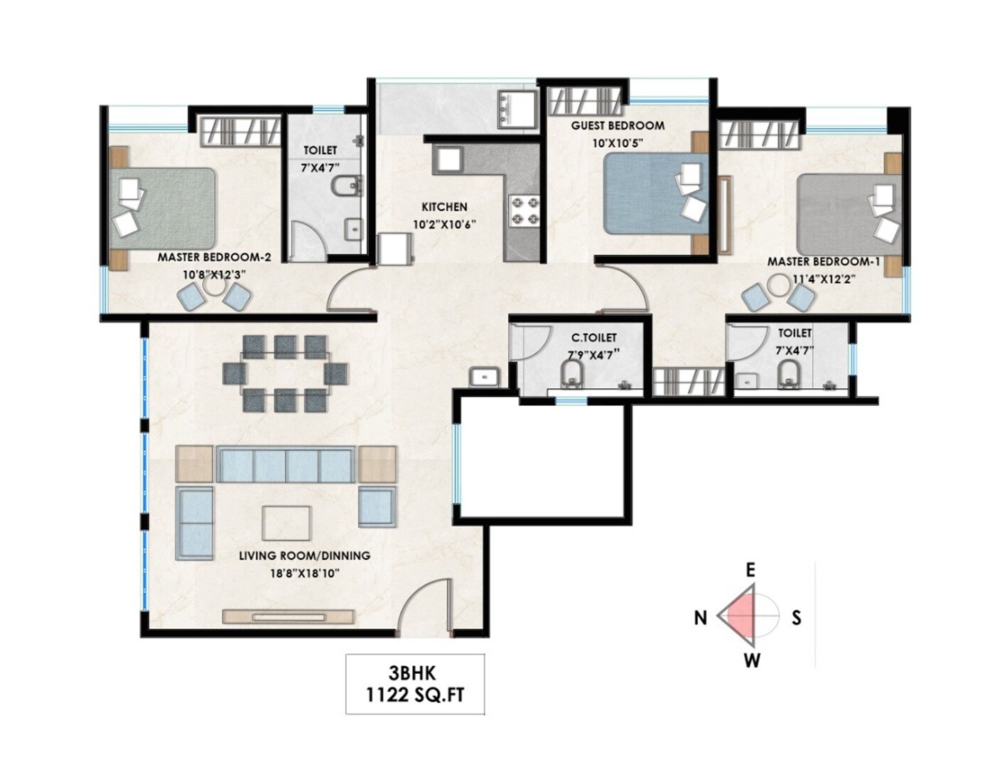 3 BHK 1122 Sq. Ft. Apartment