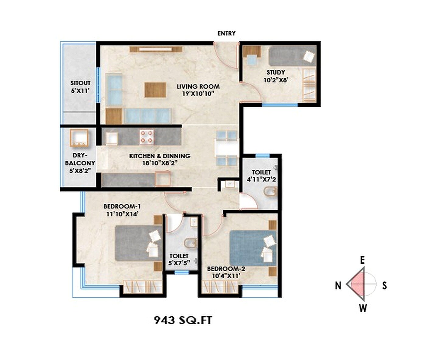 Floor plan of 3 BHK 943 Sq. Ft. Apartment in B U Bhandari Indrashri, Pune