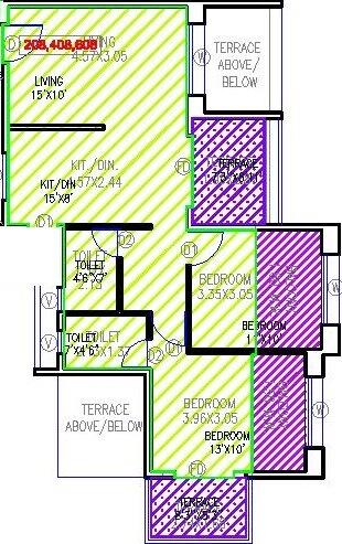 Floor plan of 2 BHK 890 Sq. Ft. Apartment in B K Jhala Manjri Greenwoods, Pune