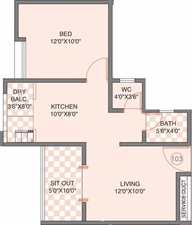 Floor plan of 1 BHK 476 Sq. Ft. Apartment in BA Iris, Pune