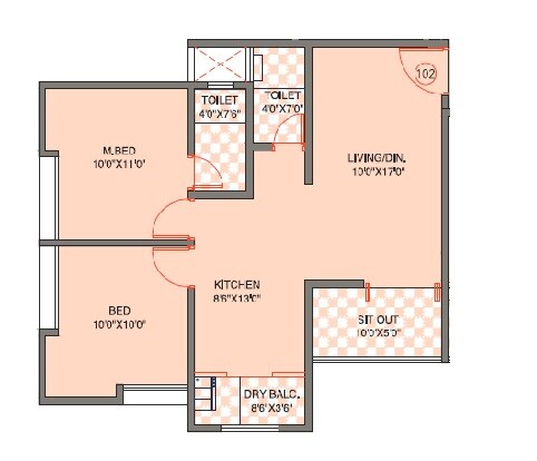 Floor plan of 2 BHK 689 Sq. Ft. Apartment in BA Iris, Pune