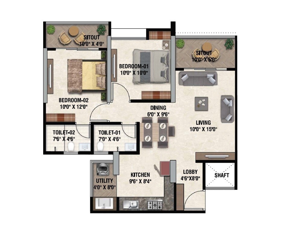 Floor plan of 2 BHK Apartment - 695 sq. ft. in Babar Classic Vista, Pune