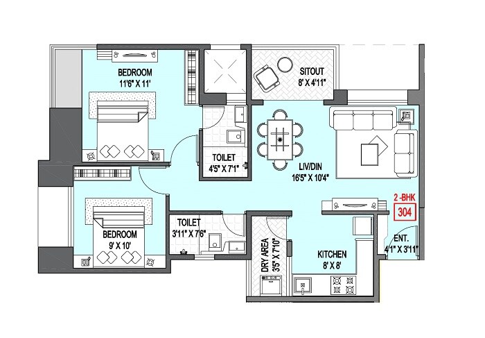 Floor plan of 2 BHK 657 Sq. Ft. Apartment in Badhekar Arunali, Pune