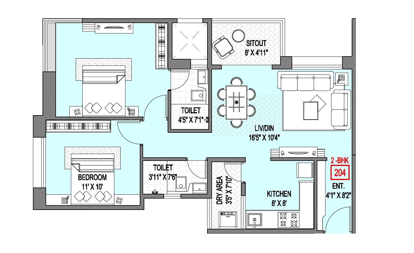 Floor plan of 2 BHK 714 Sq. Ft. Apartment in Badhekar Arunali, Pune