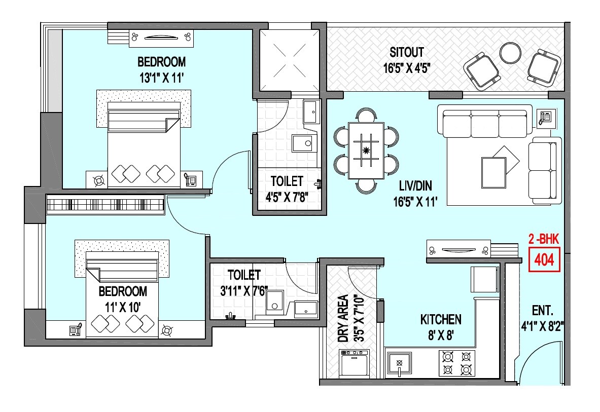 Floor plan of 2 BHK 765 Sq. Ft. Apartment in Badhekar Arunali, Pune