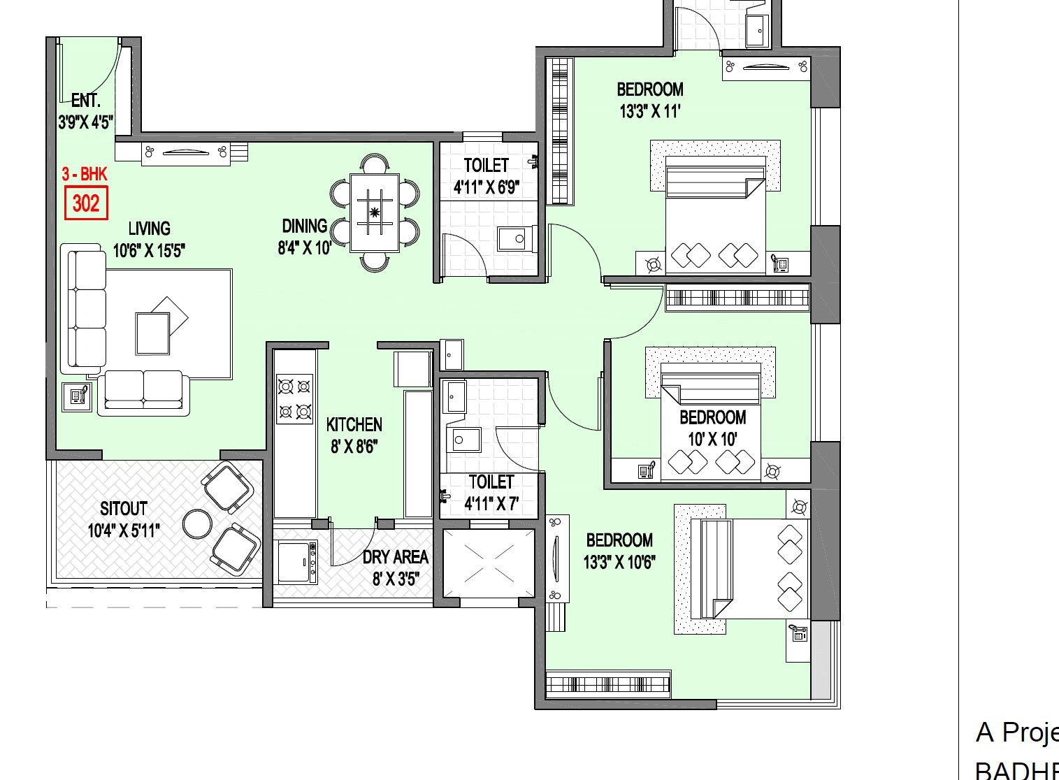 Floor plan of 3 BHK 1014 Sq. Ft. Apartment in Badhekar Arunali, Pune