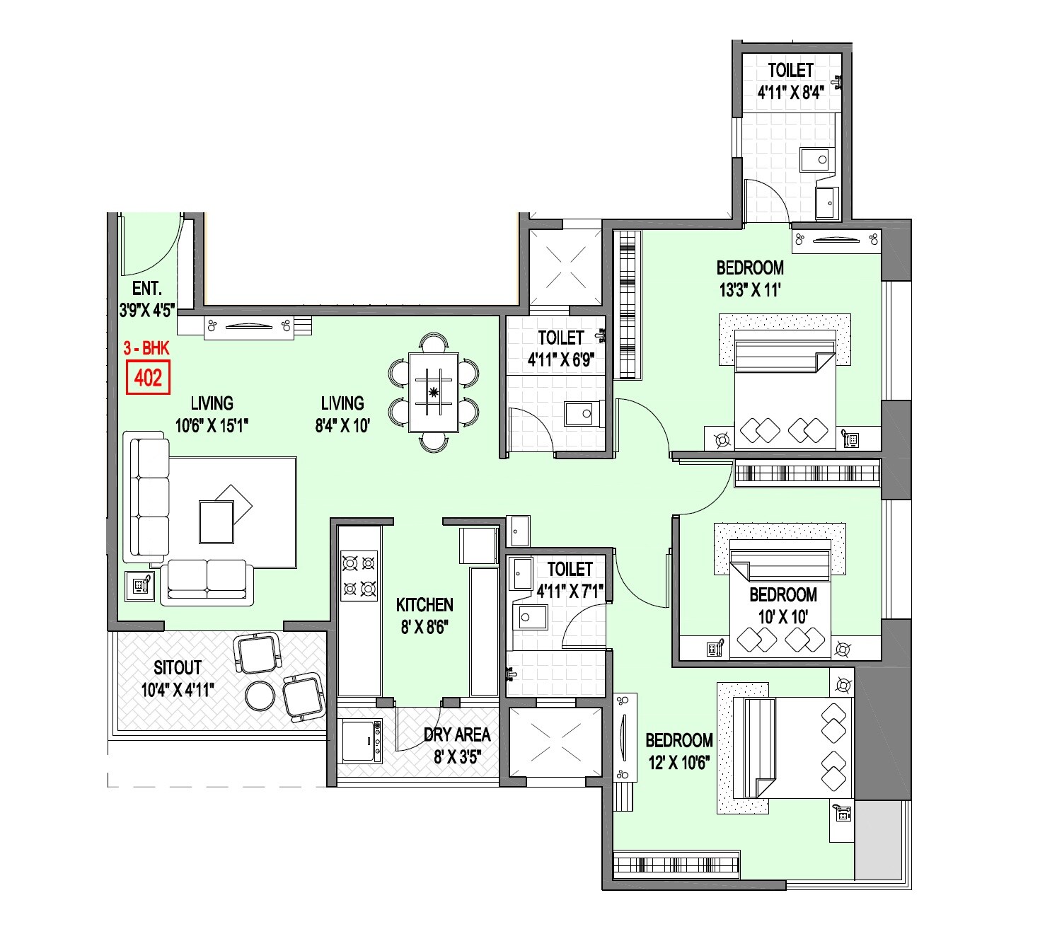 Floor plan of 3 BHK 976 Sq. Ft. Apartment in Badhekar Arunali, Pune
