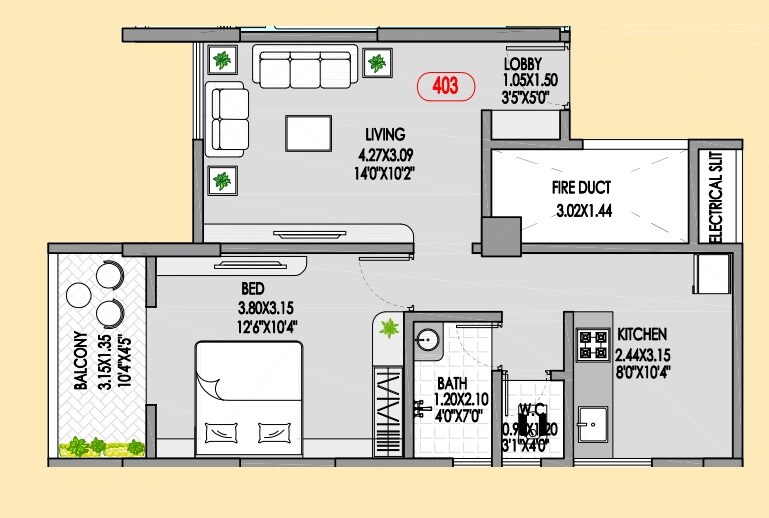 Floor plan of 1 BHK 521 Sq. Ft. Apartment in Badhekar Harshada CHS, Pune
