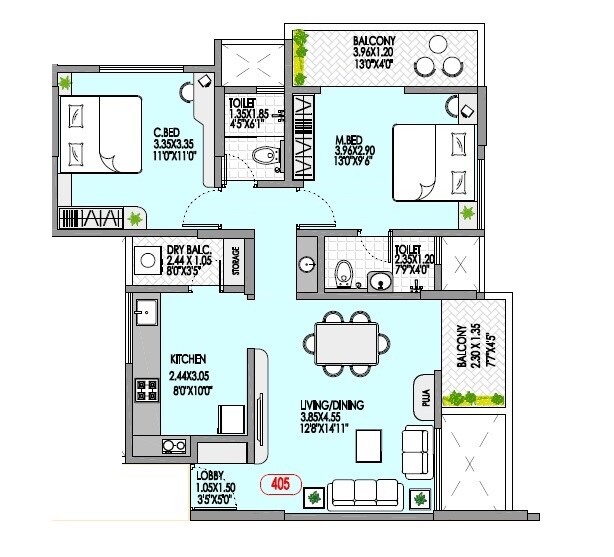 Floor plan of 2 BHK 799 Sq. Ft. Apartment in Badhekar Harshada CHS, Pune