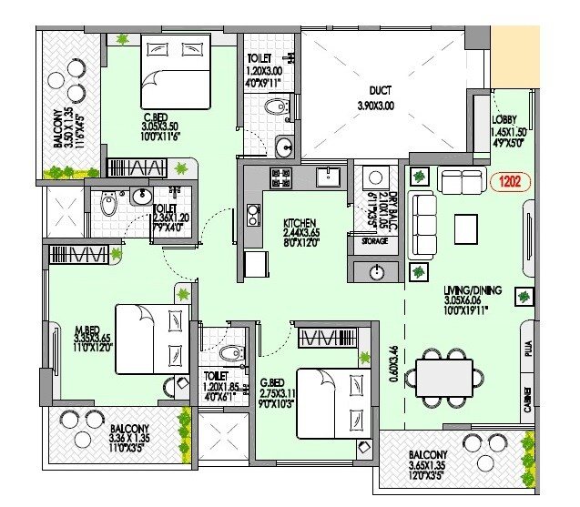 Floor plan of 3 BHK 1102 Sq. Ft. Apartment in Badhekar Harshada CHS, Pune
