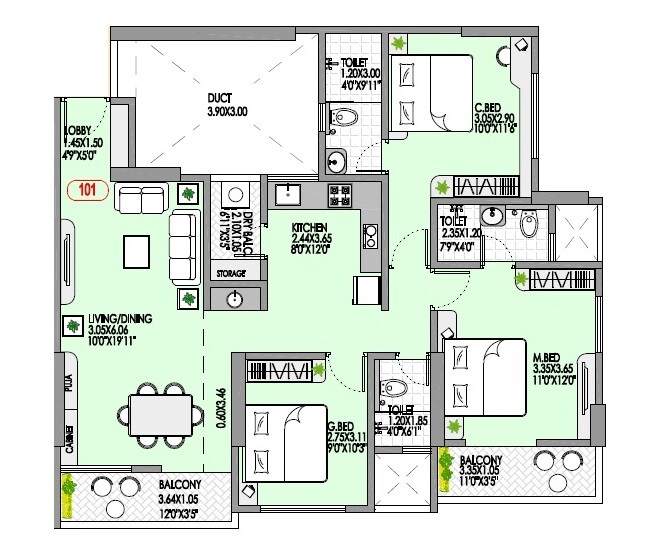 Floor plan of 3 BHK 957 Sq. Ft. Apartment in Badhekar Harshada CHS, Pune