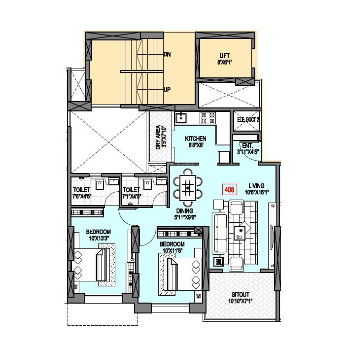 Floor plan of 2 BHK 850 Sq. Ft. Apartment in Badhekar Keshar Apartment, Pune