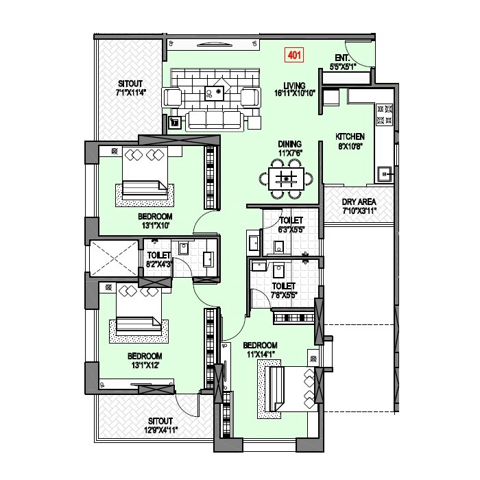 Floor plan of 3 BHK 1215 Sq. Ft. Apartment in Badhekar Keshar Apartment, Pune