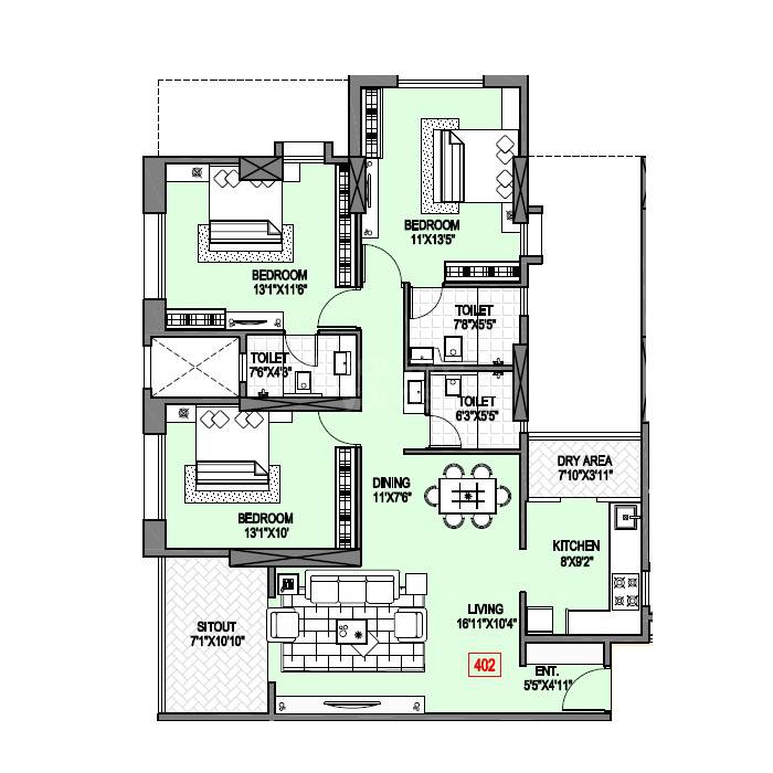 Floor plan of 3 BHK 1290 Sq. Ft. Apartment in Badhekar Keshar Apartment, Pune