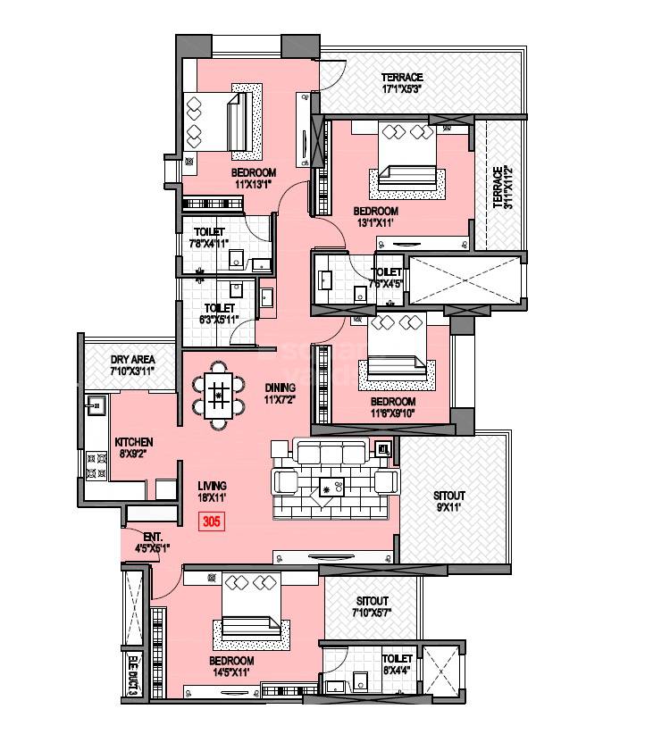 Floor plan of 4 BHK 1333 Sq. Ft. Apartment in Badhekar Keshar Apartment, Pune