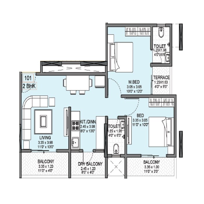 Floor plan of 2 BHK 729 Sq. Ft. Apartment in Badhekar Krishnakunj, Pune