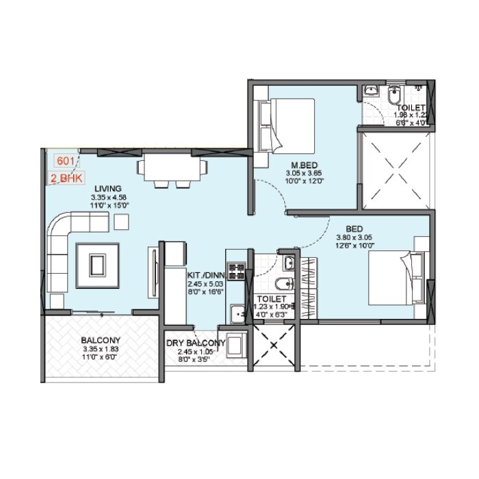 Floor plan of 2 BHK 742 Sq. Ft. Apartment in Badhekar Krishnakunj, Pune