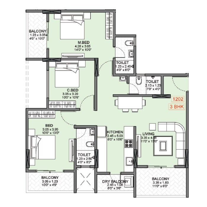 Floor plan of 3 BHK 1094 Sq. Ft. Apartment in Badhekar Krishnakunj, Pune