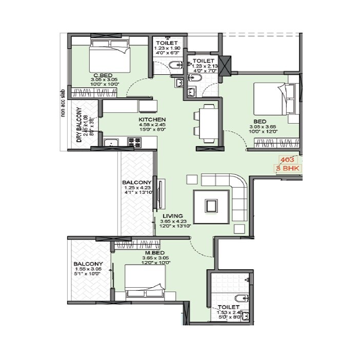 Floor plan of 3 BHK 968 Sq. Ft. Apartment in Badhekar Krishnakunj, Pune