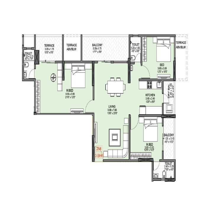 Floor plan of 4 BHK 1299 Sq. Ft. Apartment in Badhekar Krishnakunj, Pune