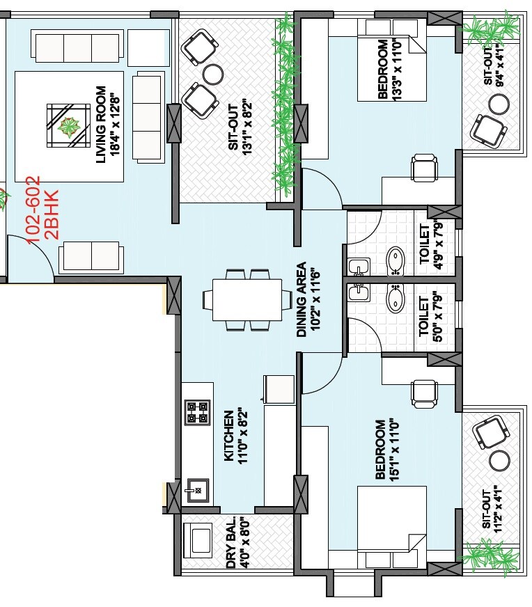Floor plan of 2 BHK 882 Sq. Ft. Apartment in Badhekar Krushnakunj, Pune
