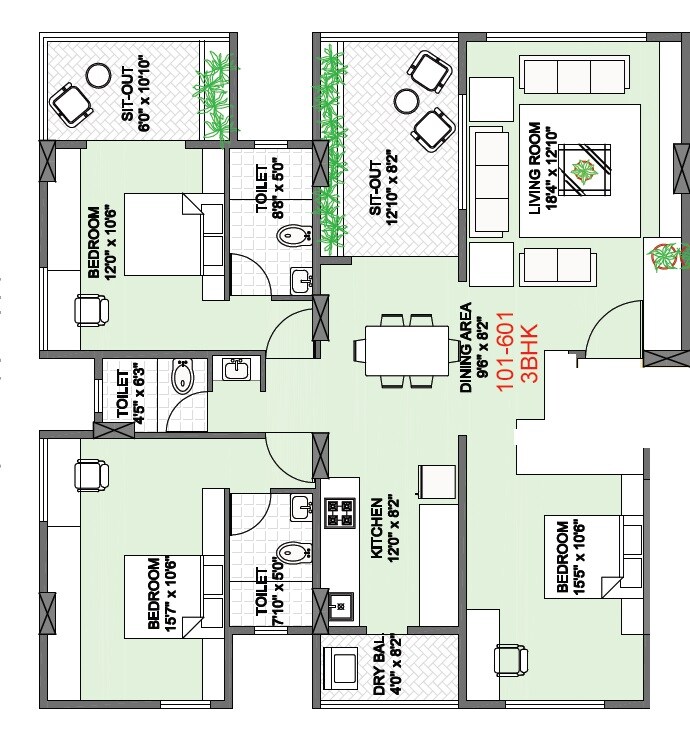 Floor plan of 3 BHK 1131 Sq. Ft. Apartment in Badhekar Krushnakunj, Pune