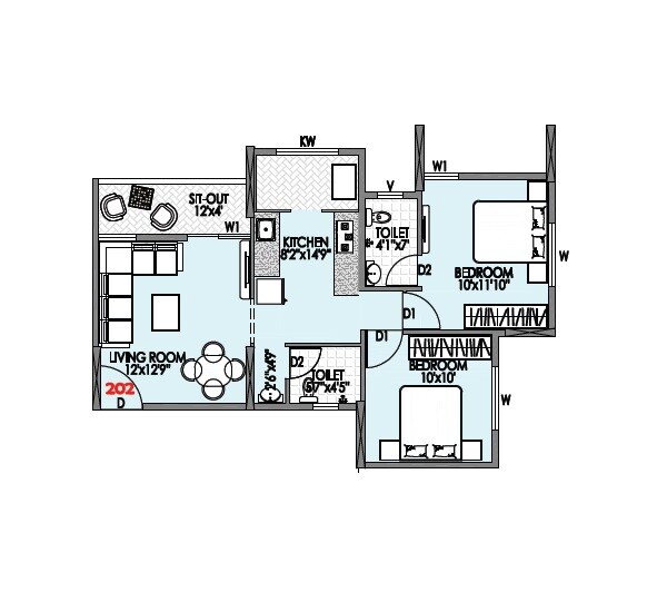 Floor plan of 2 BHK 664 Sq. Ft. Apartment in Badhekar Neeraj Nirmiti, Pune
